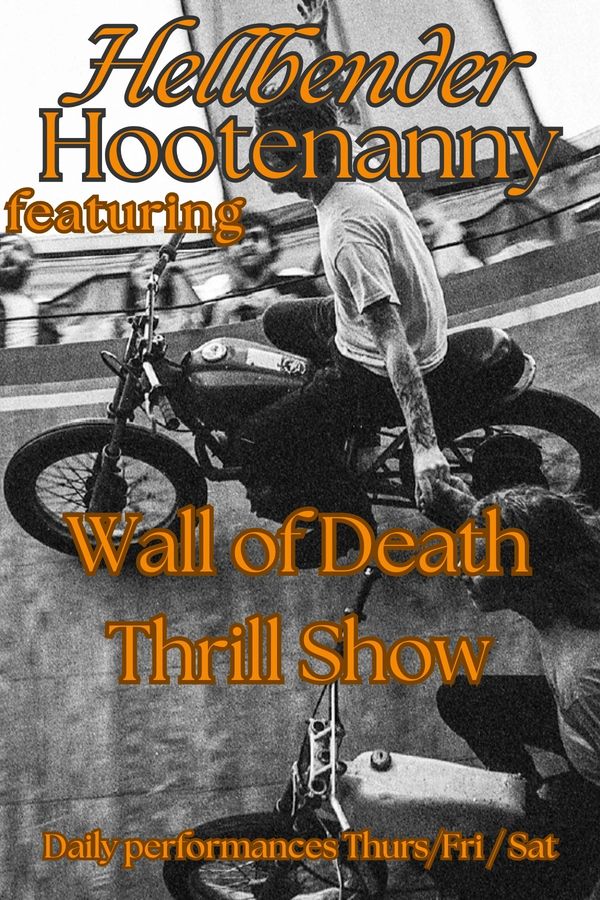 Vintage poster for Hellbender Hootenanny featuring Wall of Death motorcycle thrill show.