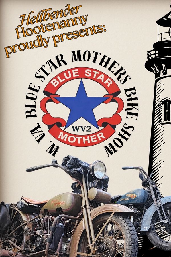 Vintage motorcycles and a Blue Star Mothers Bike Show poster at Hellbender Hootenanny.