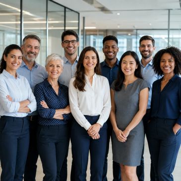 Equipo diverso de profesionales sonriendo en una oficina moderna.
