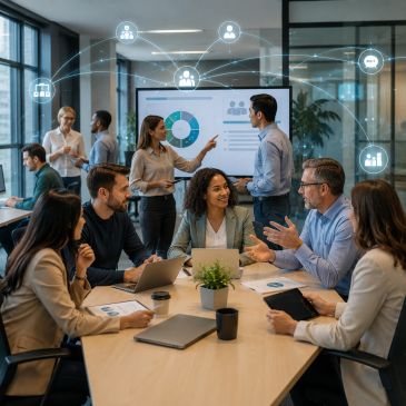 Reunión de trabajo colaborativa en una oficina moderna.