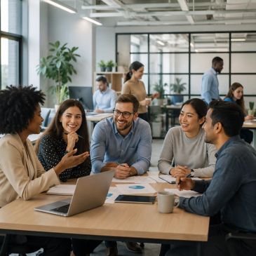 Grupo diverso colaborando en reunión de trabajo moderna.