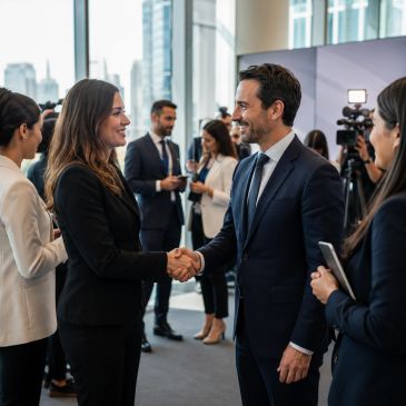 Dos profesionales se saludan con un apretón de manos en una reunión.