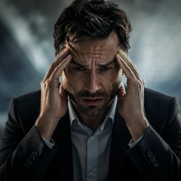 Hombre preocupado sosteniéndose la cabeza.