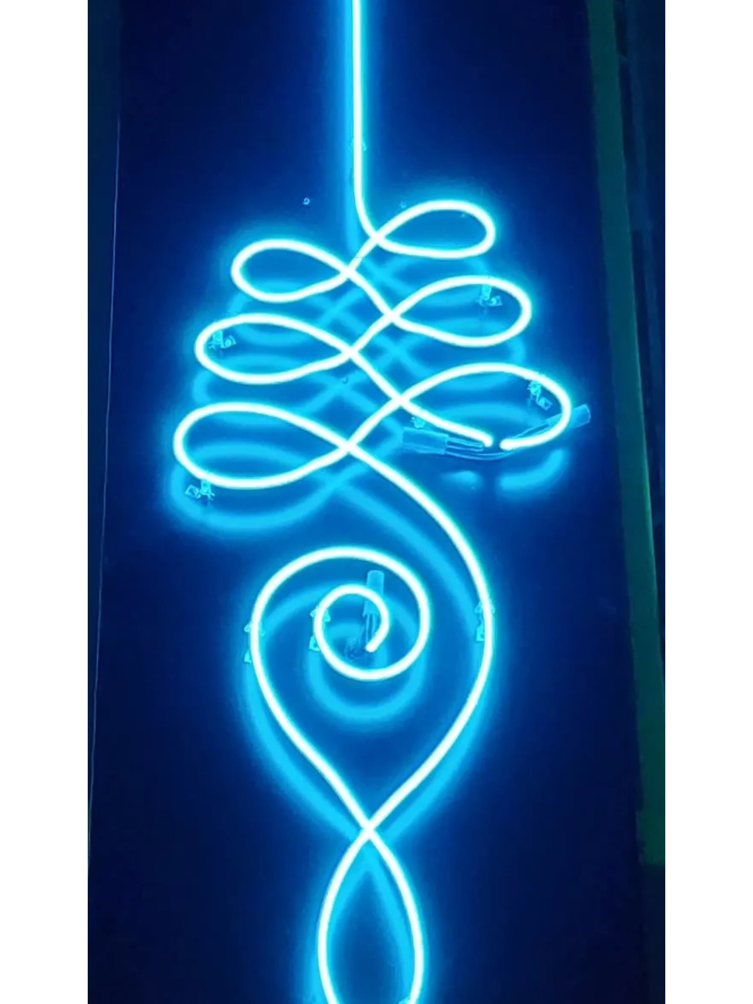 Blue neon light shaped like a stylized Christmas tree.