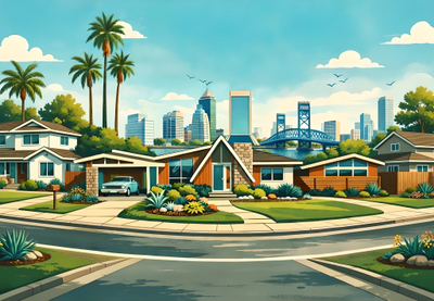 Colorful suburban neighborhood with palm trees and city skyline in the background.