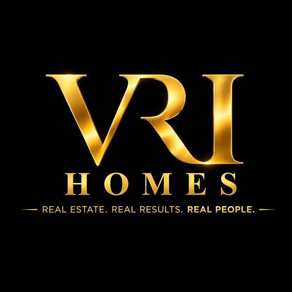 Golden VRJ Homes logo with tagline on black background.