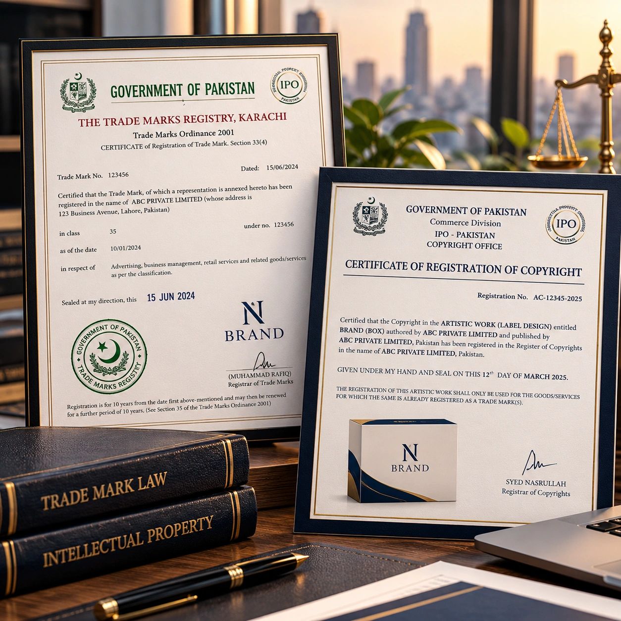 Certificates of trademark and copyright registration from the Government of Pakistan.