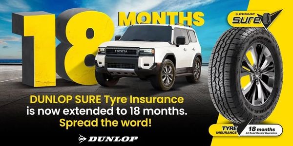 Dunlop Sure Tyre Insurance now extended to 18 months with a bold yellow and black design.