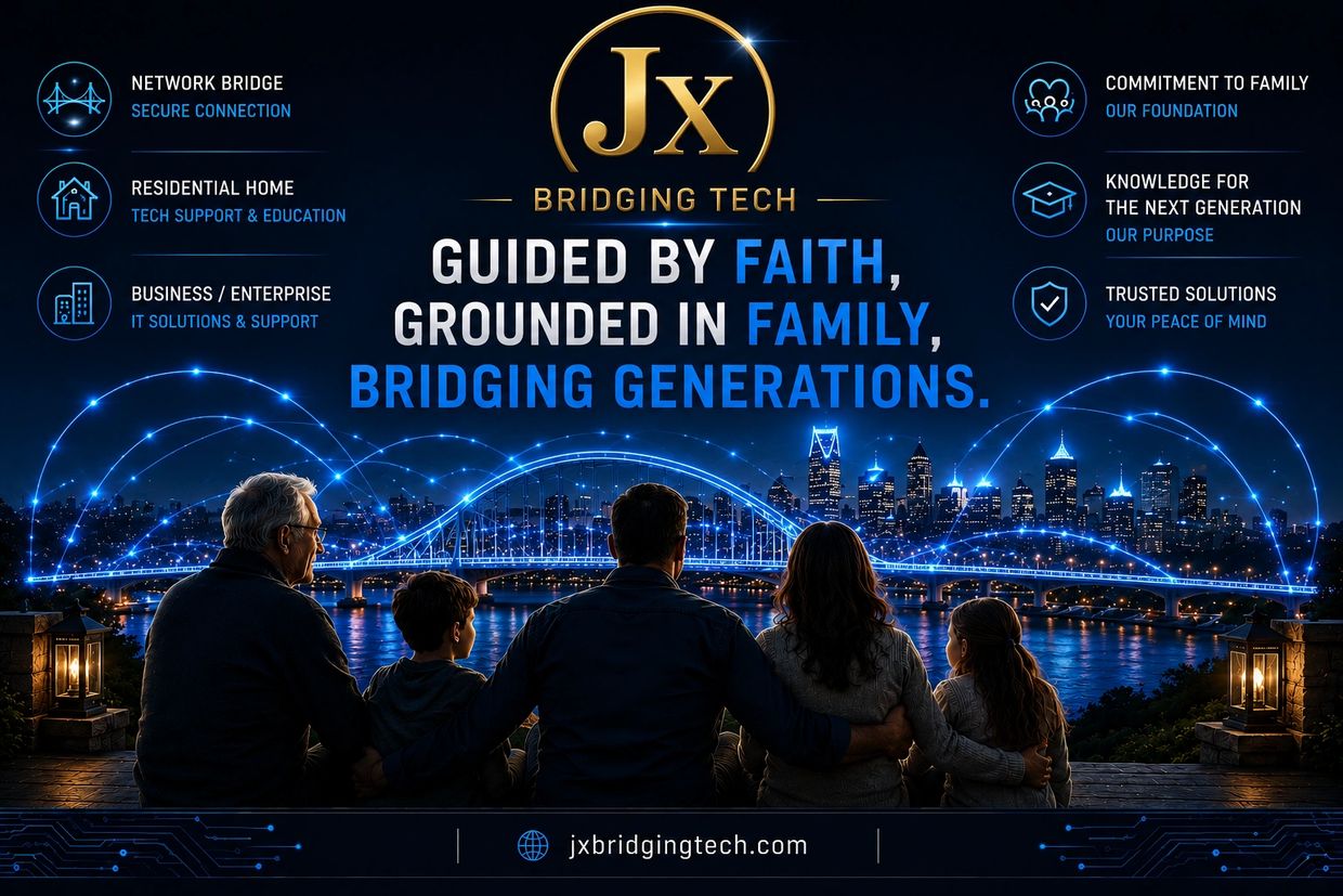 Family and technology connected under city lights.