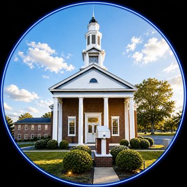 A classic church building with white columns and steeple under a blue sky.
