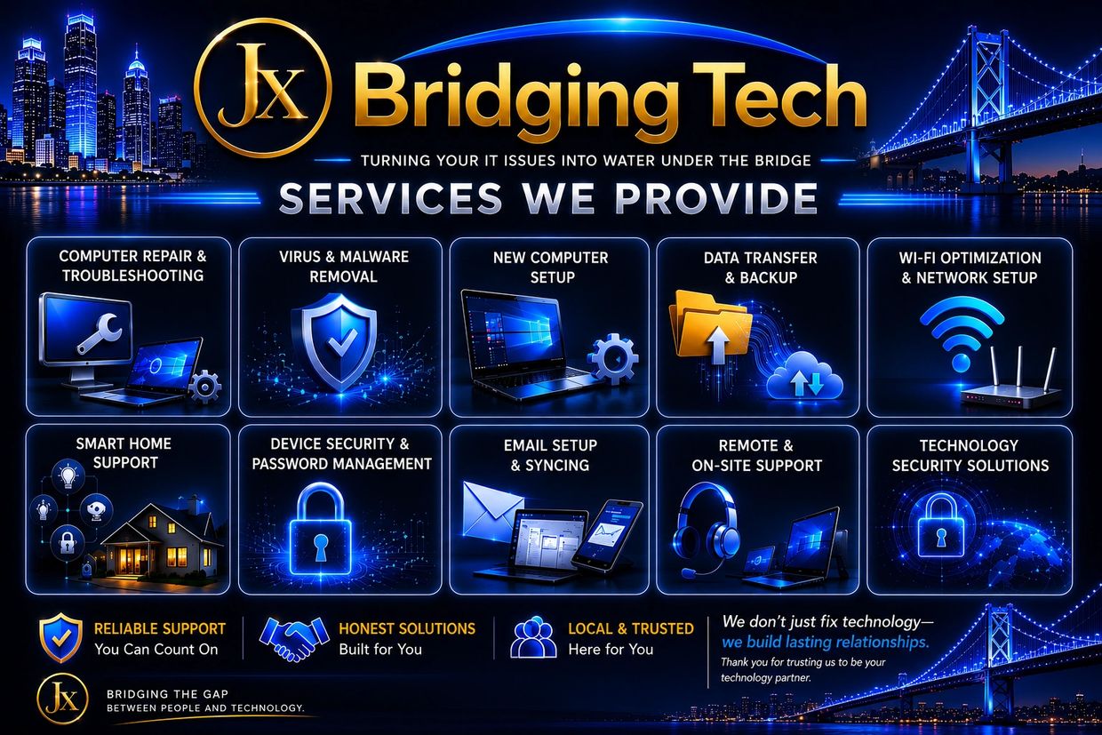Jx Bridging Tech offers comprehensive IT services with a tech cityscape and bridge background.