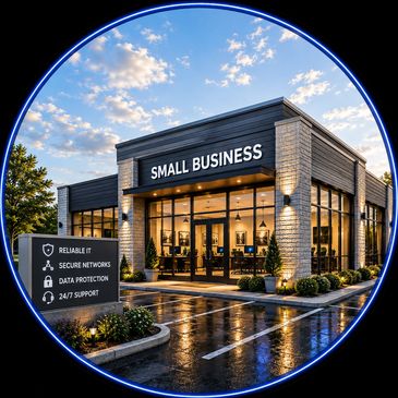 Modern small business building at sunset with security features.