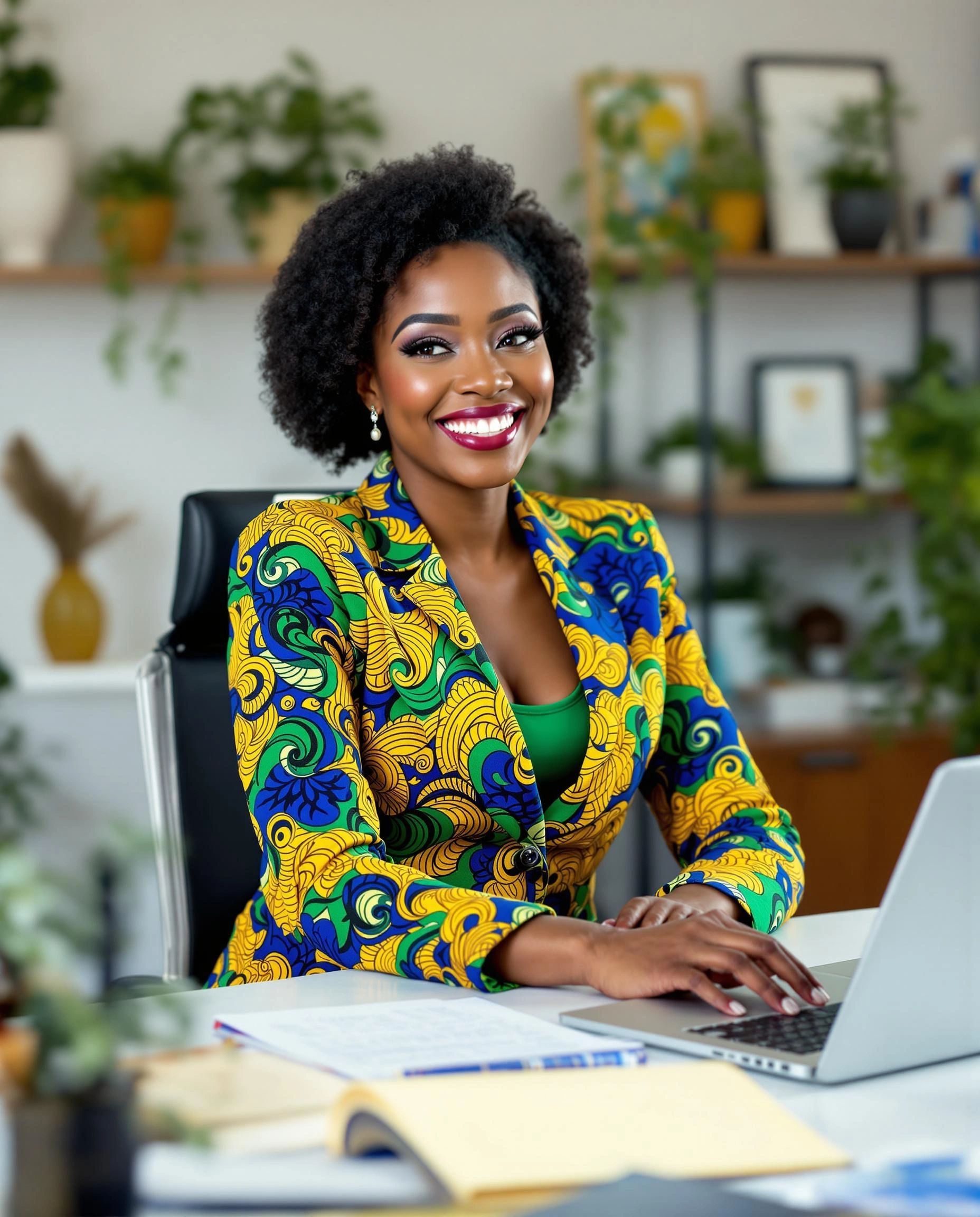 A black woman in an african attire smile and using her computer ar her work space