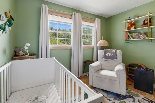 Cozy green nursery with white crib, armchair, and stuffed animals on shelves.
