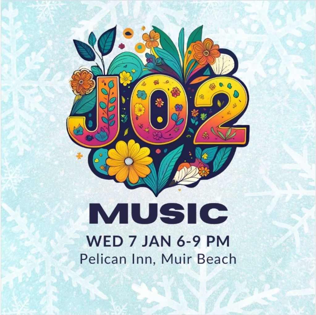 Colorful JO2 Music event poster with floral designs for Jan 7 at Pelican Inn.
