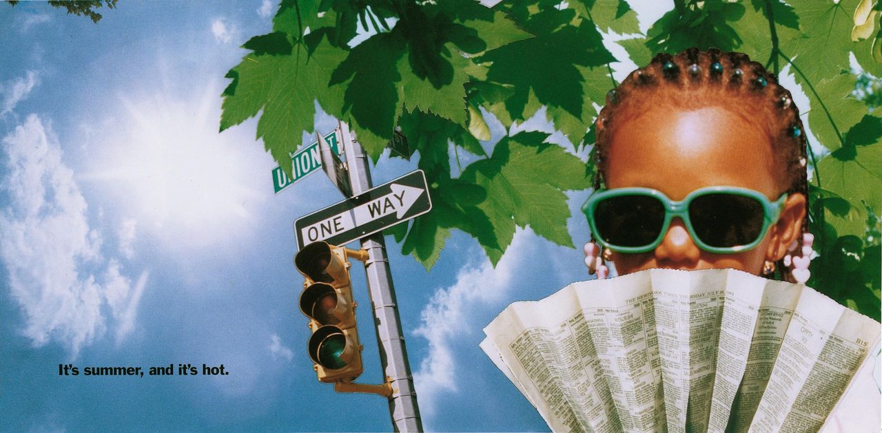 Photo of the summer sign high in the sky with scattered clouds. Collaged in the foreground are photos of a young girl wearing sunglasses and holding a fan, standing under shady leaves of a maple tree near a crosswalk sign. Text says, 