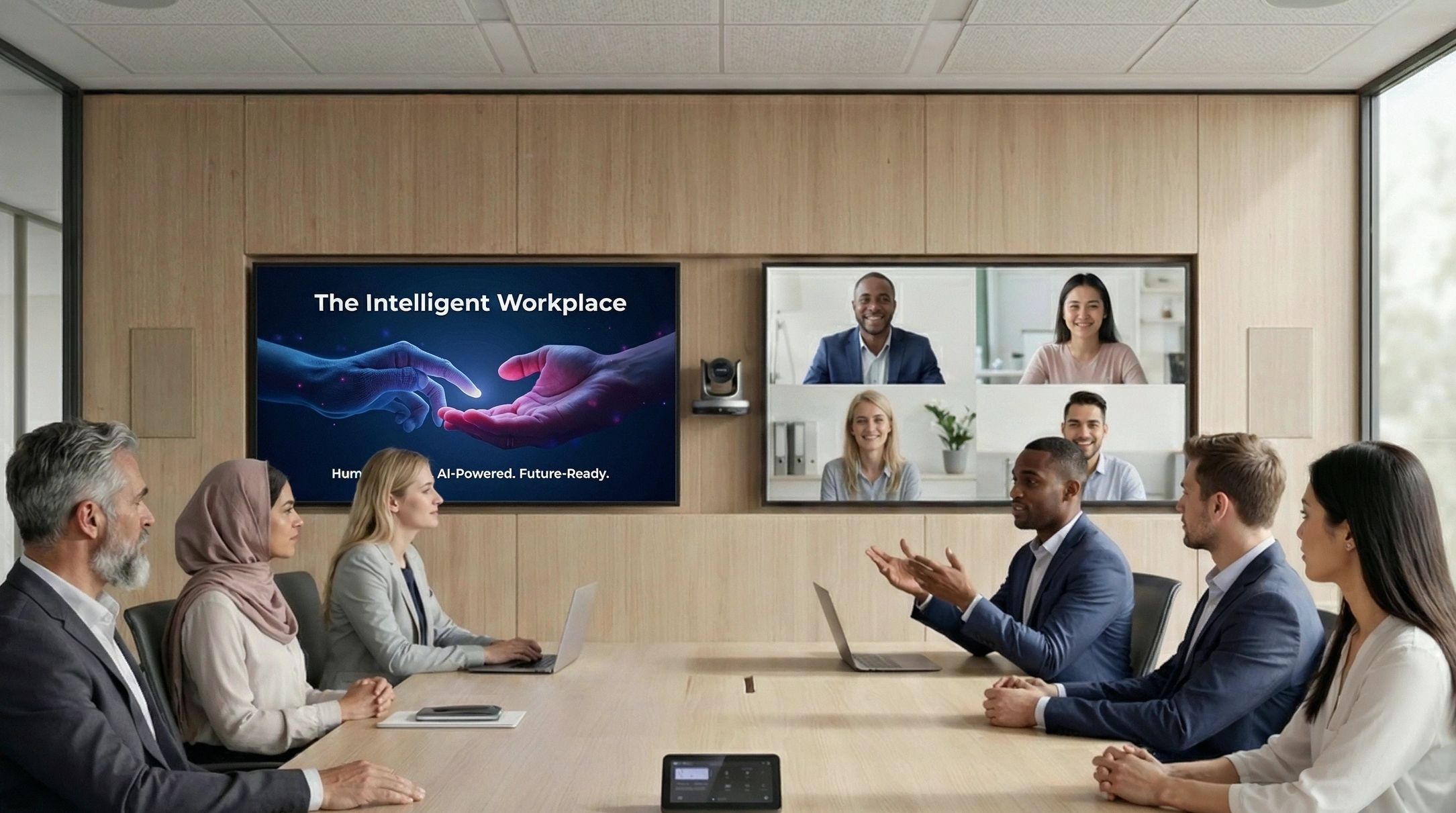 Team in a meeting room on a video call, with The Intelligent Workplace title slide and remote participants shown on the wall display.