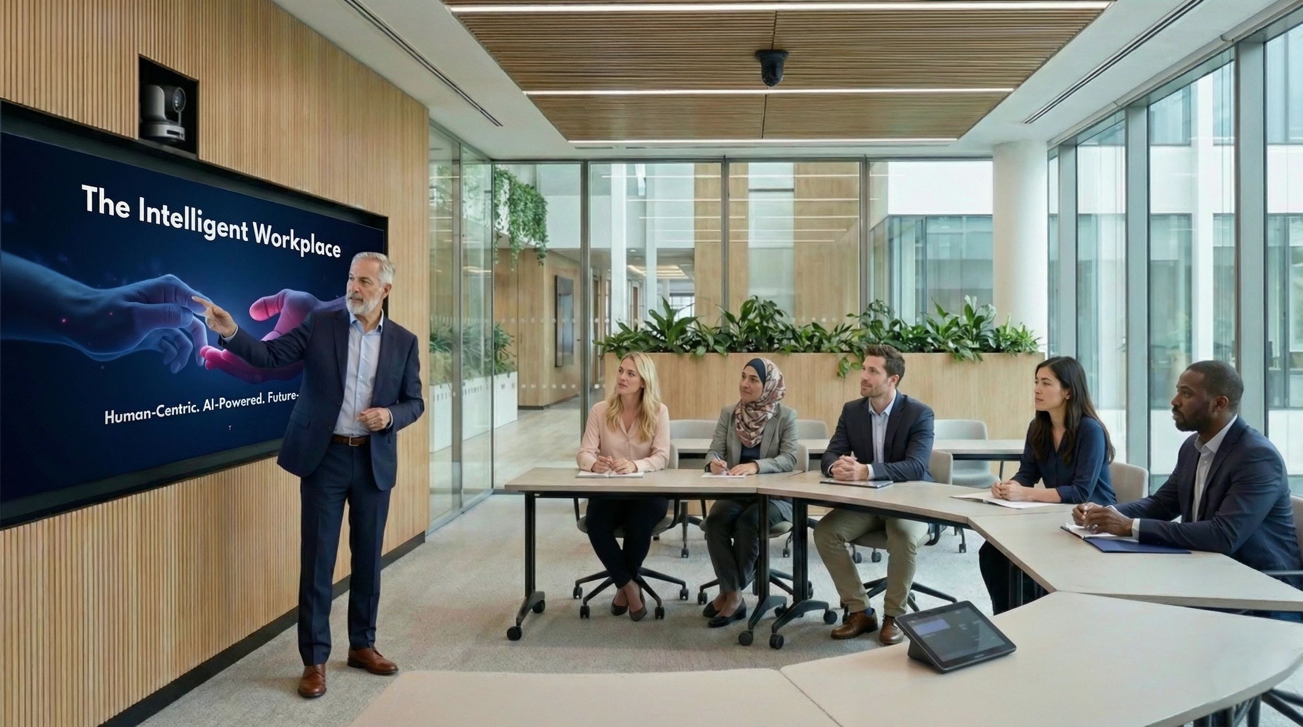 Professional business presentation in a modern conference room with attentive colleagues.