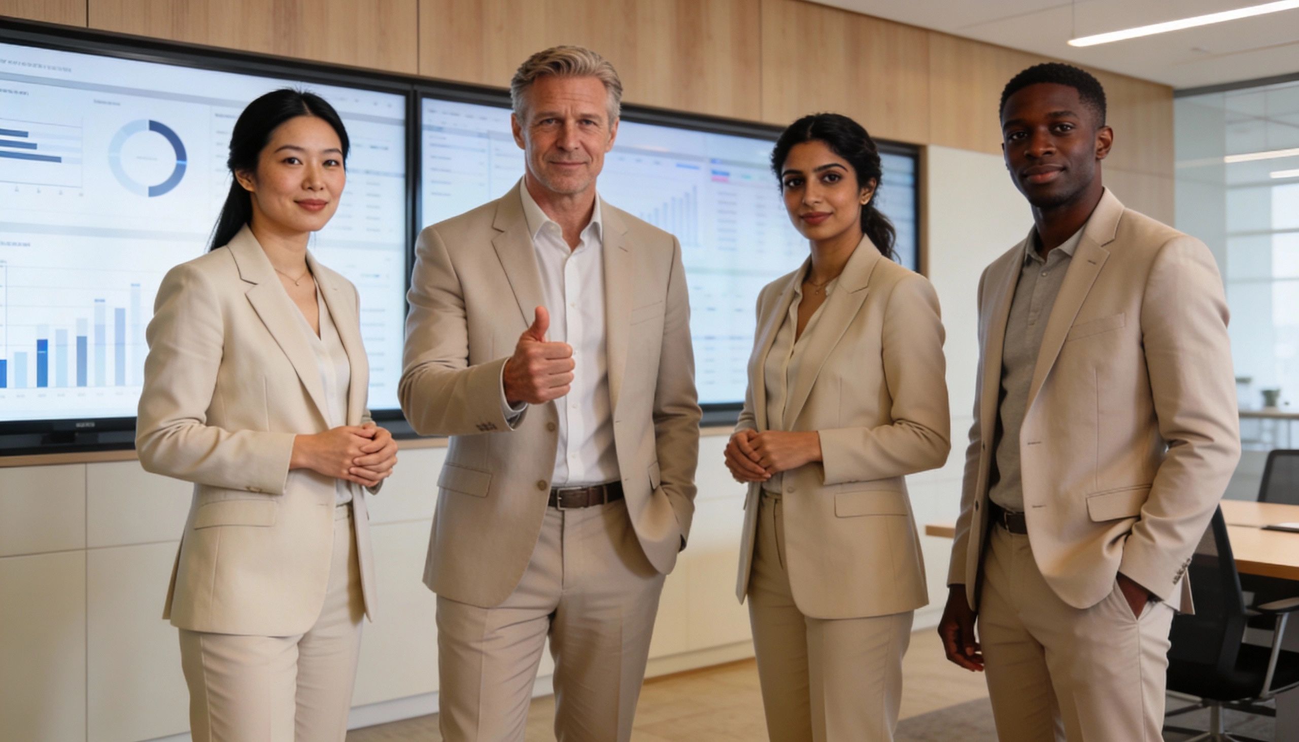 Four business professionals in beige suits standing confidently in an office.