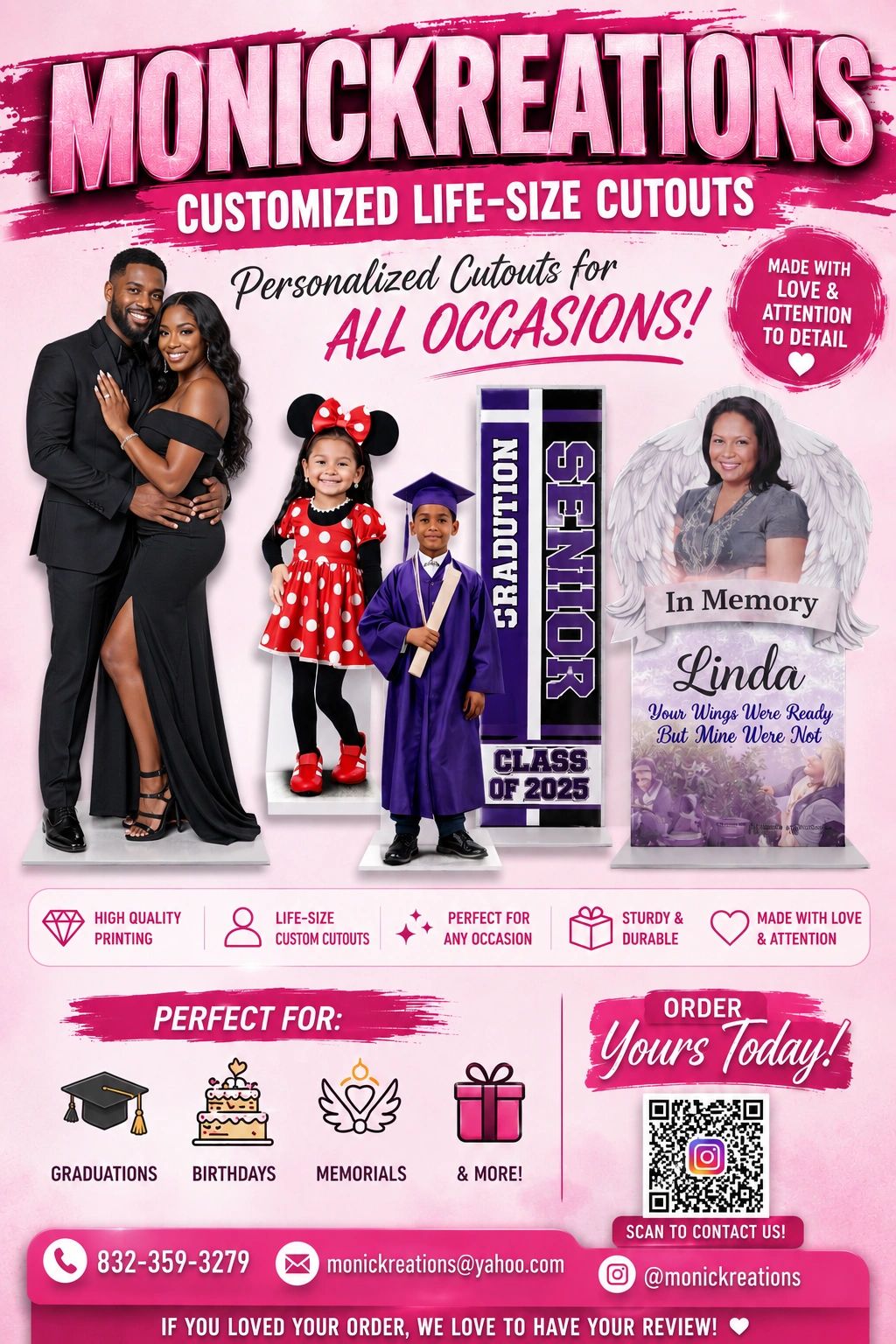Monickreations offers custom life-size cutouts for all occasions, including graduations and memorials.