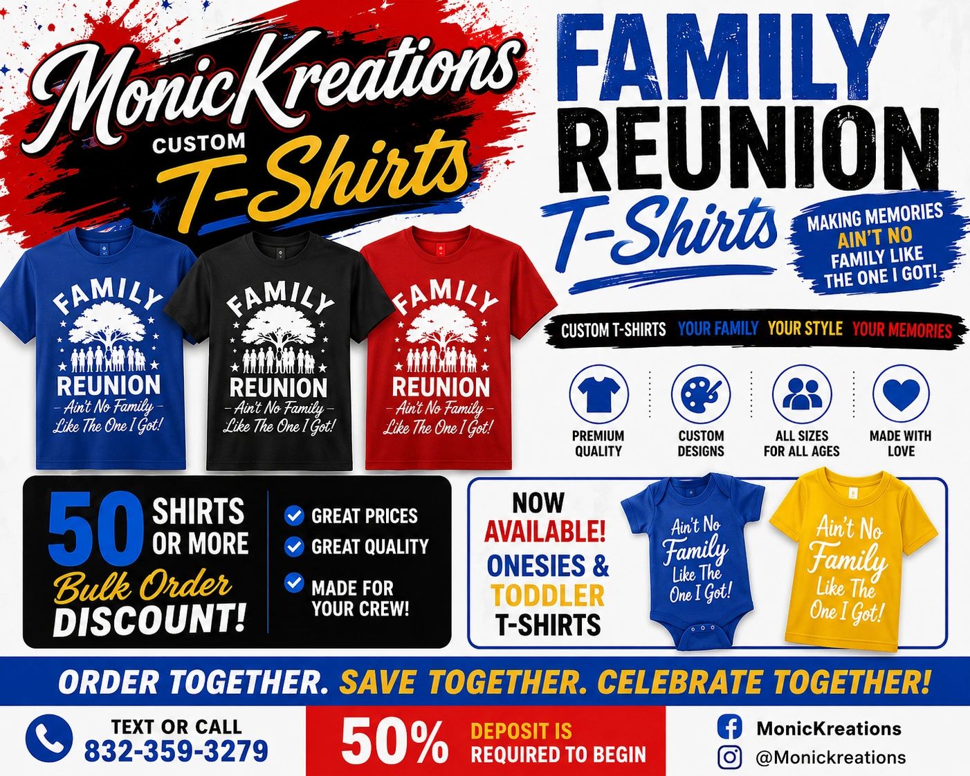 Custom family reunion T-shirts with bulk discounts and various sizes available.
