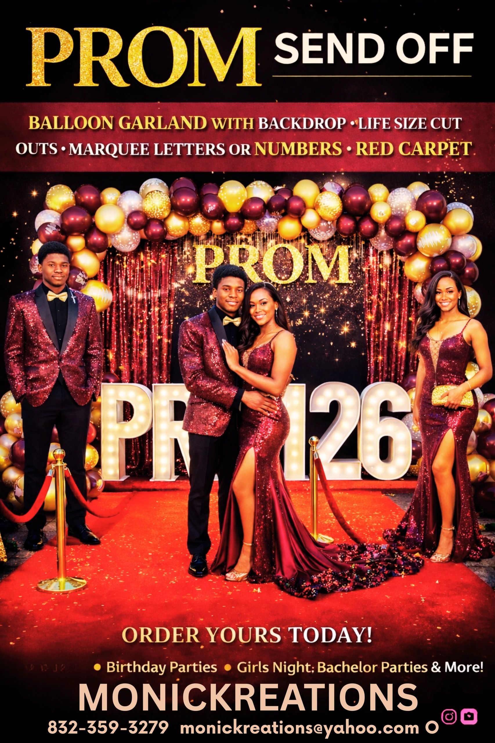 Elegant prom send-off with balloon garland, red carpet, and marquee letters.