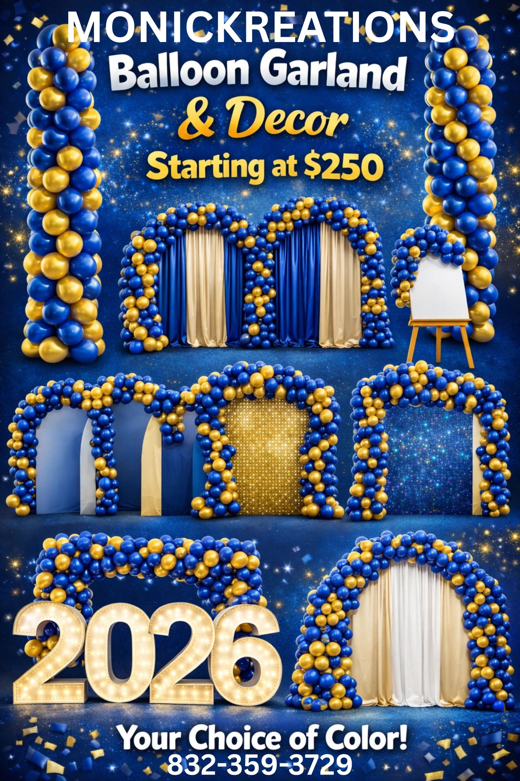 Blue and gold balloon garlands and decor starting at $250 by MONICKREATIONS.