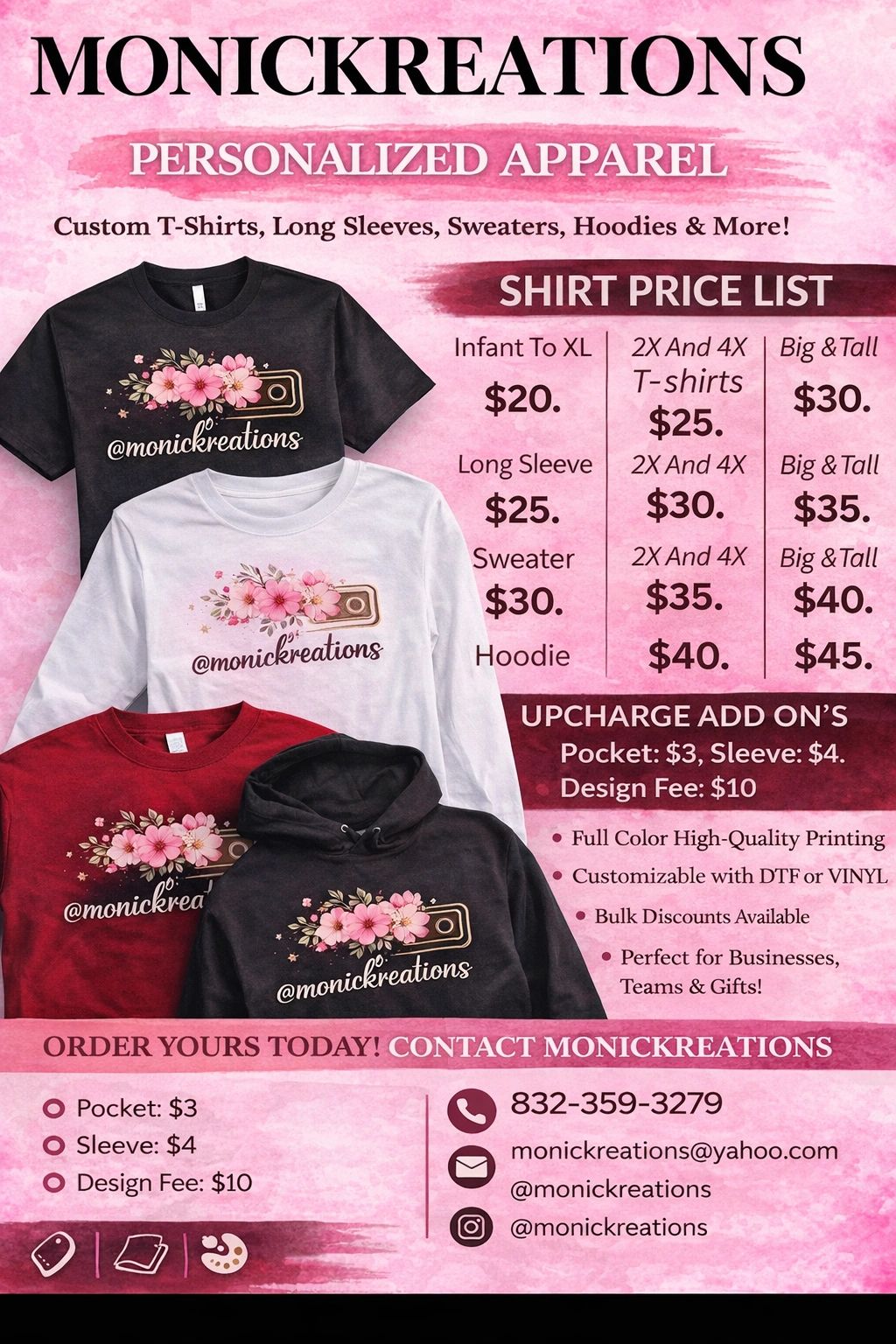 Monickreations personalized apparel with custom shirts, hoodies, and pricing details.