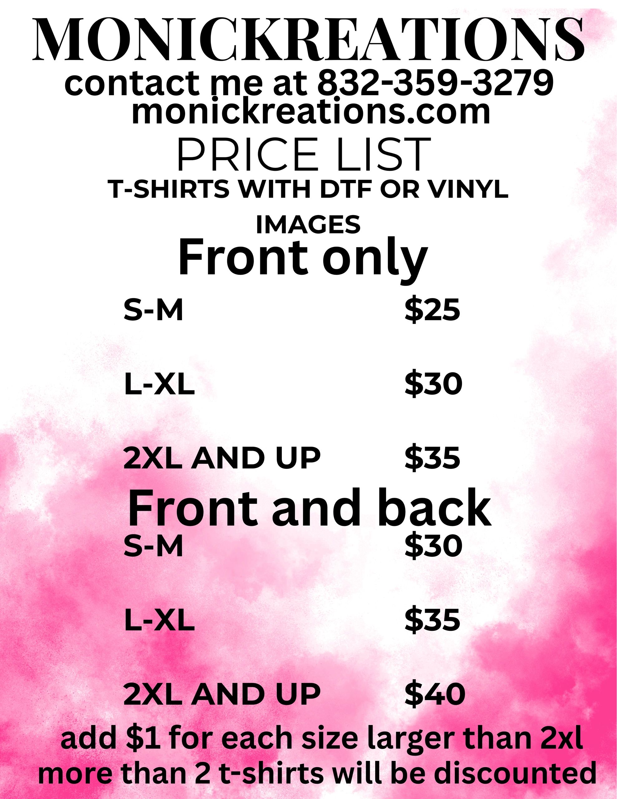 Price list for custom T-shirts by MONICKREATIONS with contact info and size-based pricing.
