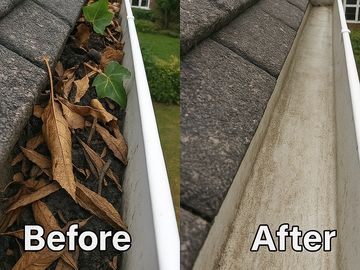 Gutter cleaning before and after image. Professional gutter cleaning 