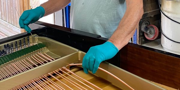 A person wearing blue gloves repairing piano strings.
