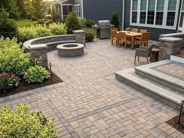 Durable paver driveway and front entrance installation with decorative borders.