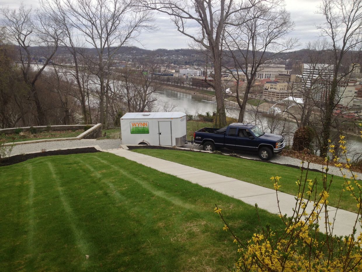 Lawn aeration, turf stripes, Green's Outdoor Creations, Charleston, WV, MacCorkle home, downtown