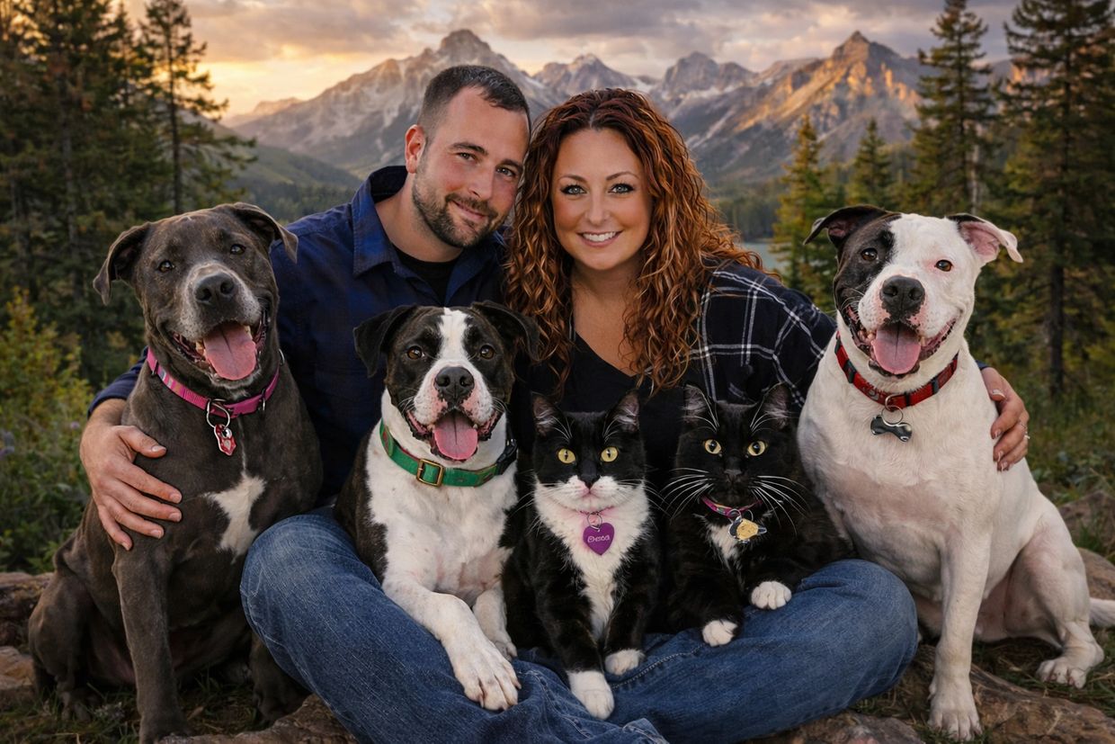 Picture of the owners of 3 Happy Dogs and their cats and dogs with a mountain background.
