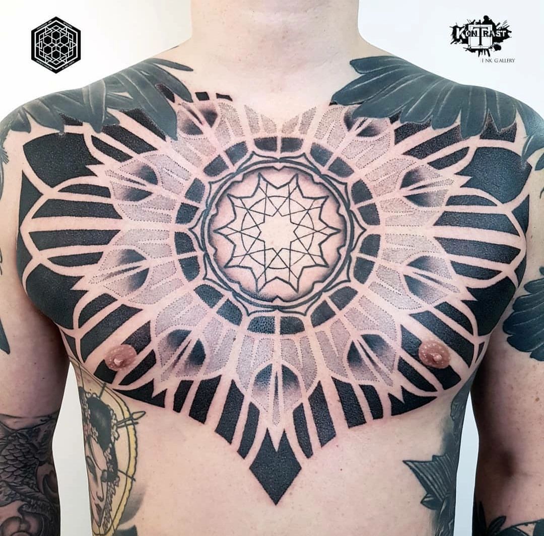 Tattoo tagged with dotwork big of sacred geometry shapes chest mandala  kirknilsen facebook blackwork twitter shoulder sacred geometry   inkedappcom