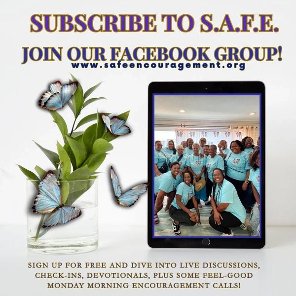 Group of women smiling in a living room. Butterflies with a plant. Ad for Facebook Group.