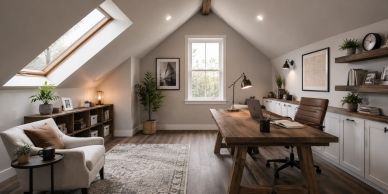 Cozy attic workspace with wooden desk and natural light.