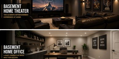 Cozy basement home theater and productive home office setup.