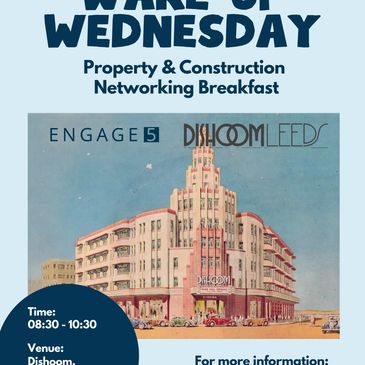 Event poster for Property &amp; Construction Networking Breakfast at Dishoom Leeds.