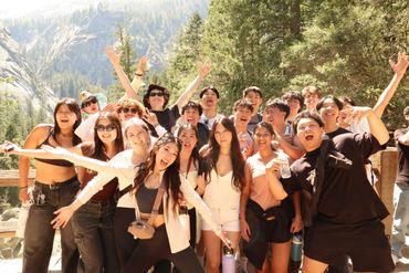 A lively group of friends posing outdoors in a sunny mountainous forest.