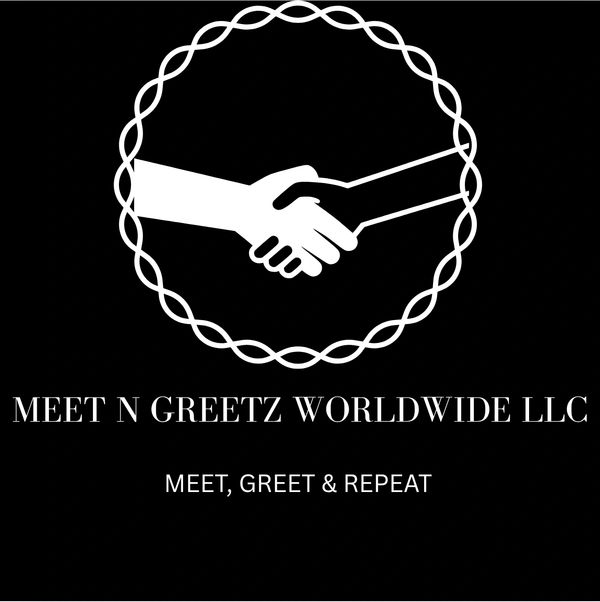 Logo of Meet N Greetz Worldwide LLC with handshake symbol.