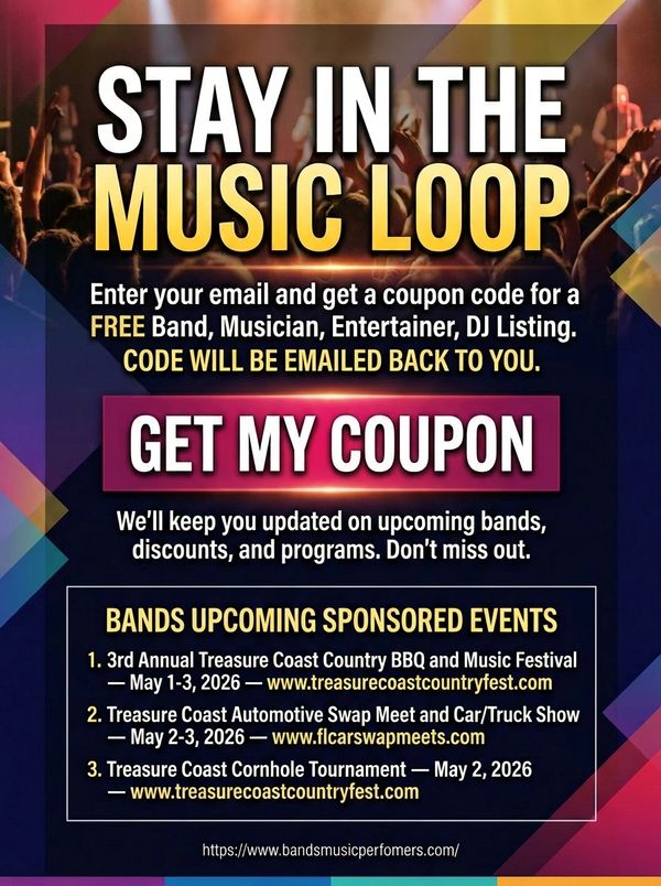 Promotional flyer offering a free coupon for band and musician listings with upcoming event details.