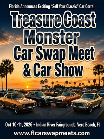 Flyer for the Treasure Coast Monster Car Swap Meet &amp; Car Show in Florida.