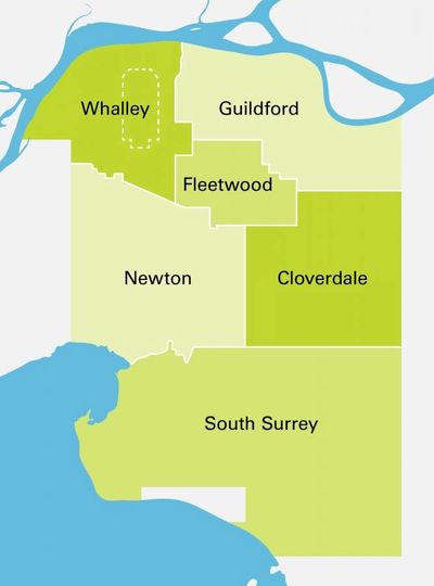 Map showing regions of Whalley, Guildford, Fleetwood, Newton, Cloverdale, and South Surrey.