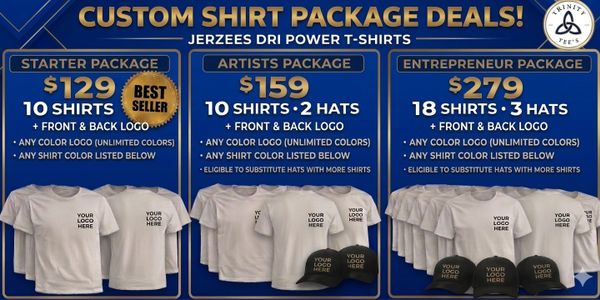 Custom shirt packages with different quantities and hats included.