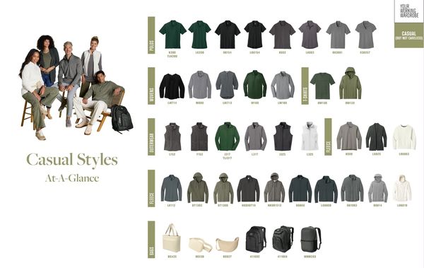 Casual clothing styles guide with models and apparel options for men and women.