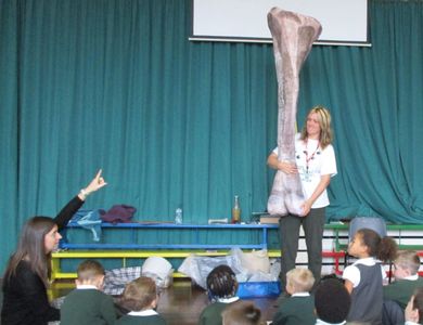 Dinosaur scientist school visit by palaeontologist.