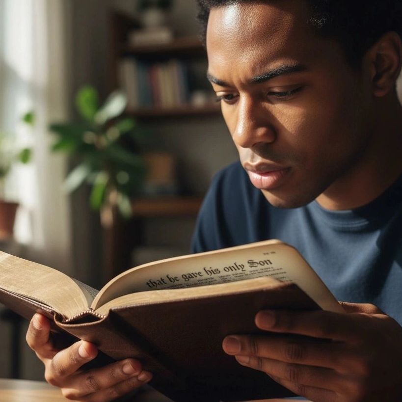 Man reading a book intensely.