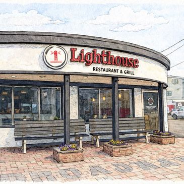 Exterior of Lighthouse Restaurant &amp; Grill with benches outside.