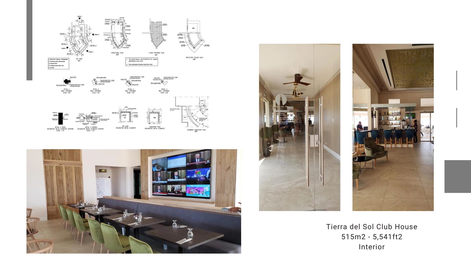 Interior photos and structural plans of Tierra del Sol Club House bar and dining area.